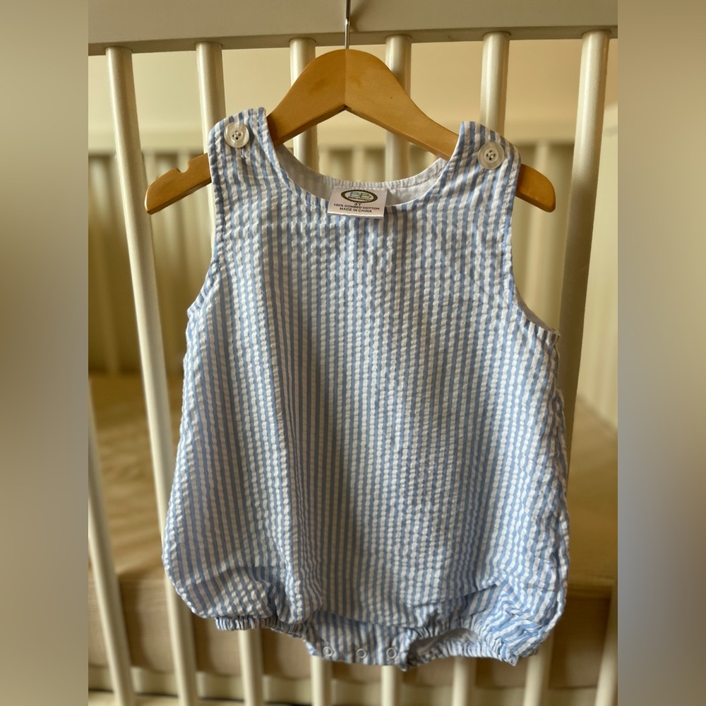 Blue Seersucker Sleeveless Baby Romper - Classic Style